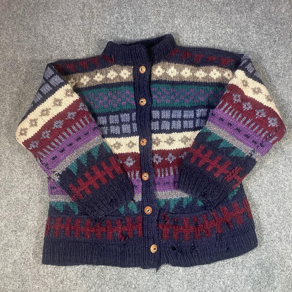 Vintage Handmade Fair Isle Cardigan Sweater Unisex Nordic Knit Grunge Thrash